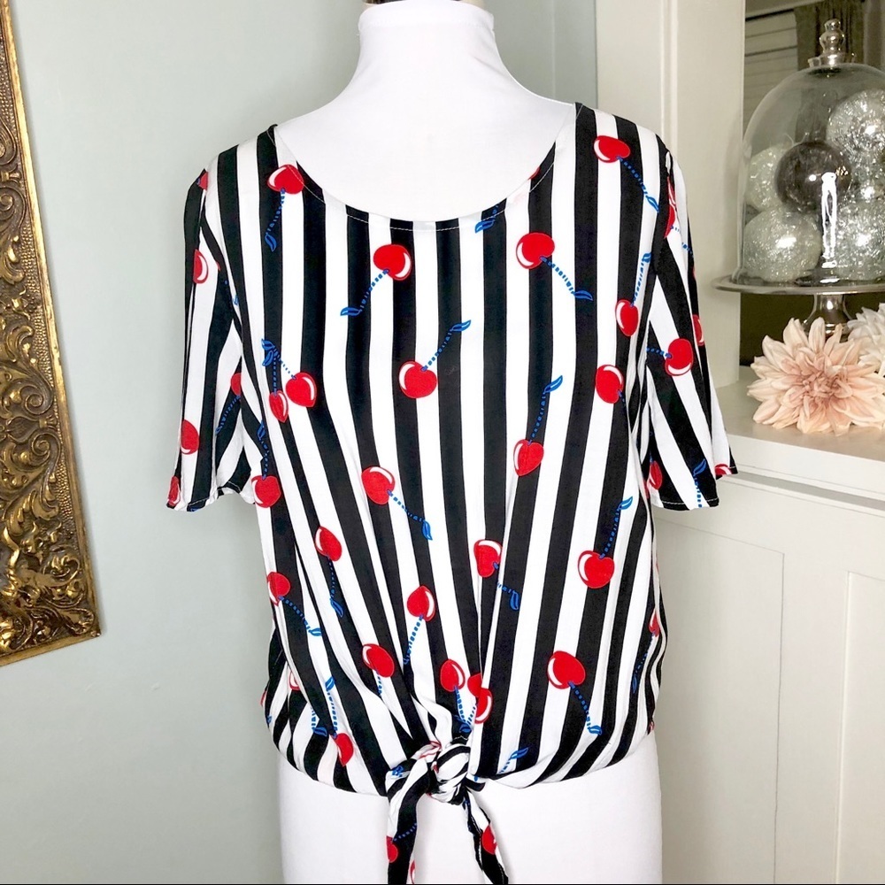 Cynthia Rowley Cherry Stripe Tie Front Top Retro Style Blouse - Picture 2 of 10
